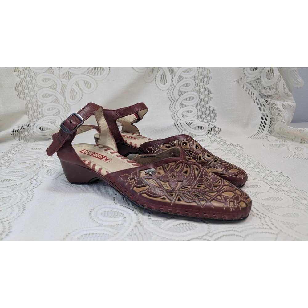 Pikolinos Burgundy Leather Floral Laser Cut Slingback Wedge Sandals Spain 39